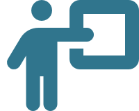 Person figurine pointing to an outline of a chalkboard