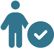 Person figurine standing next to a circle with a checkmark inside