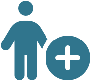 Person figurine standing next to a circle with a plus sign inside